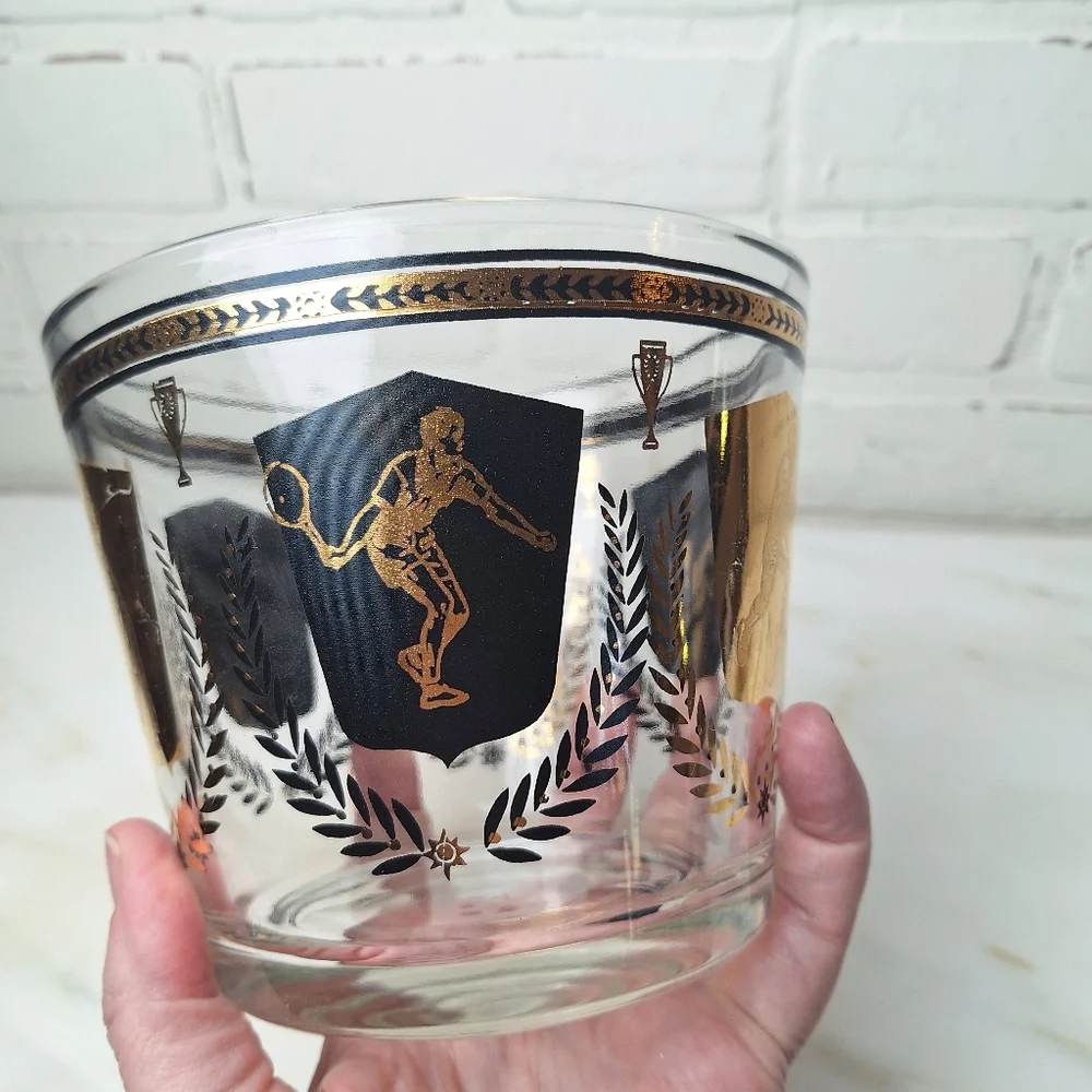 Vintage Glass Ice Bucket Barware 1950’s Sports Theme Black And Gold Trophies